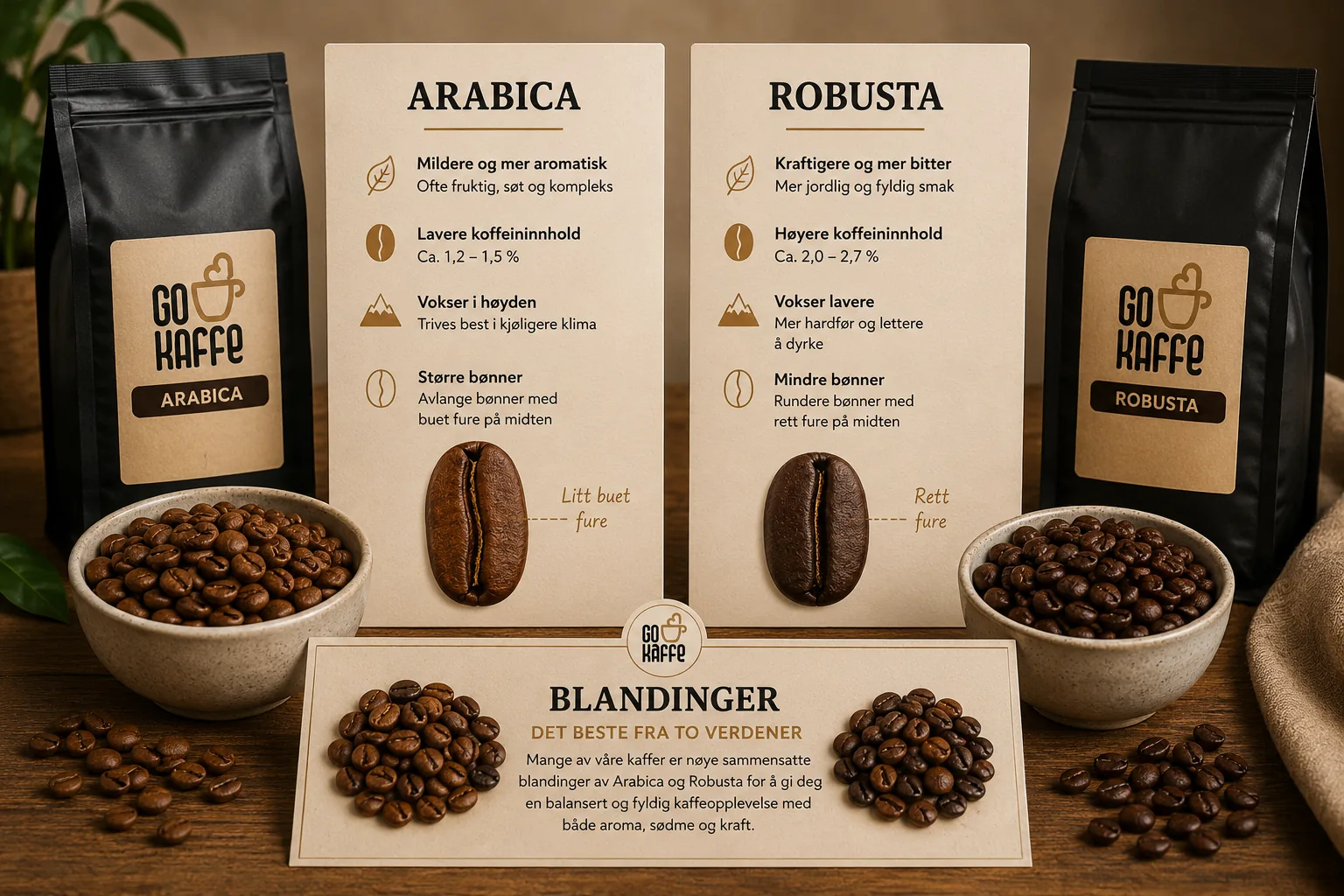 Arabica- og Robusta-bønner presentert side om side
