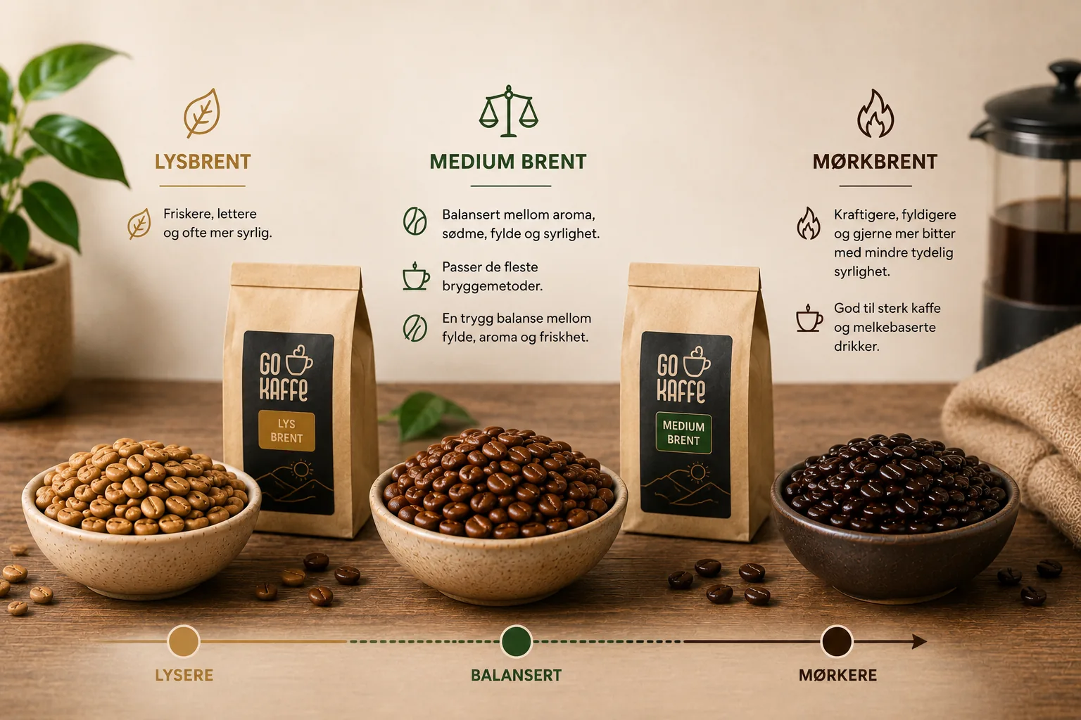 Lysbrente, medium brente og mørkbrente kaffebønner vist ved siden av hverandre