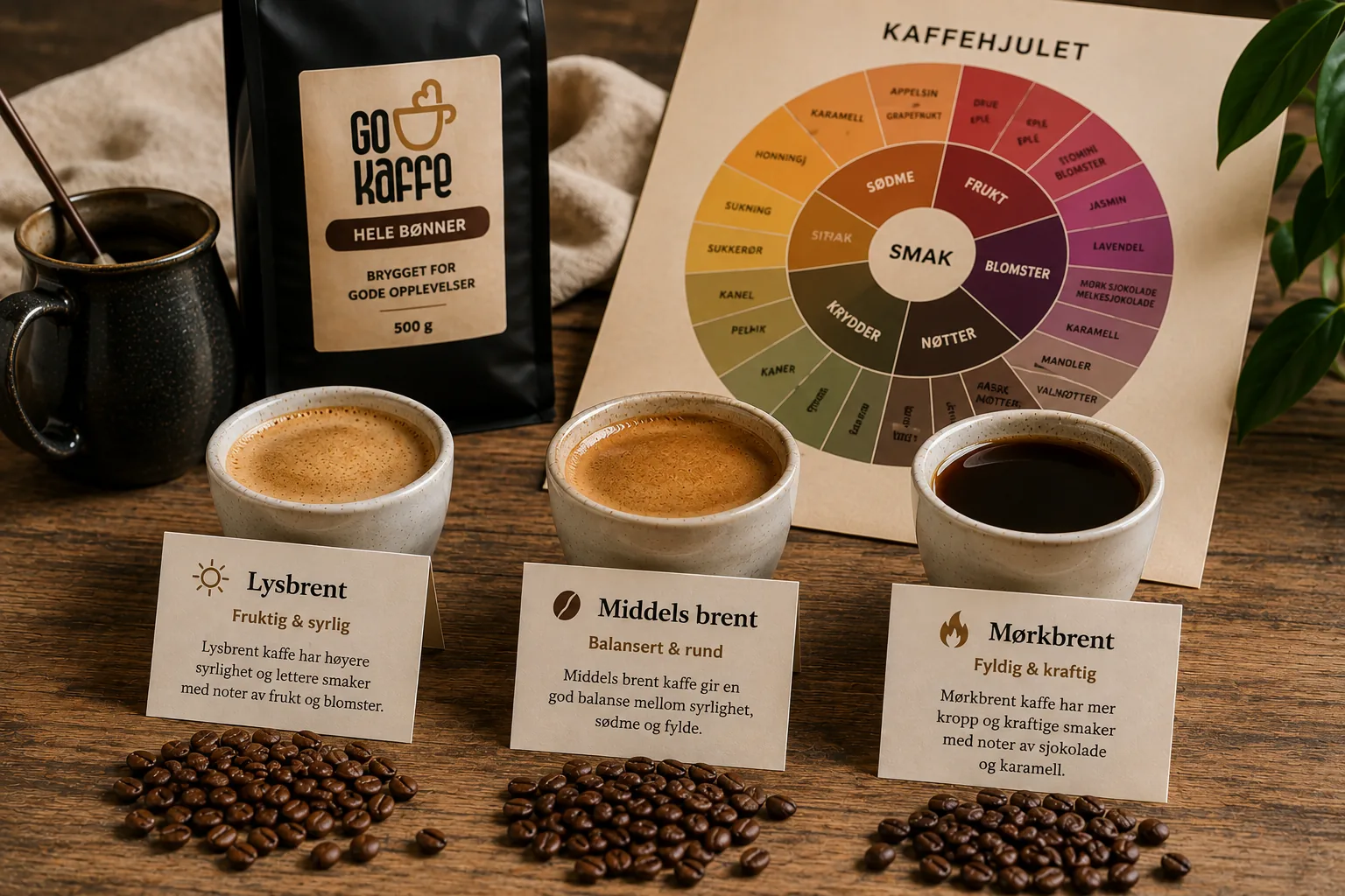 Tre kopper kaffe med ulik brenningsgrad og et kaffehjul som viser ulike smaksprofiler